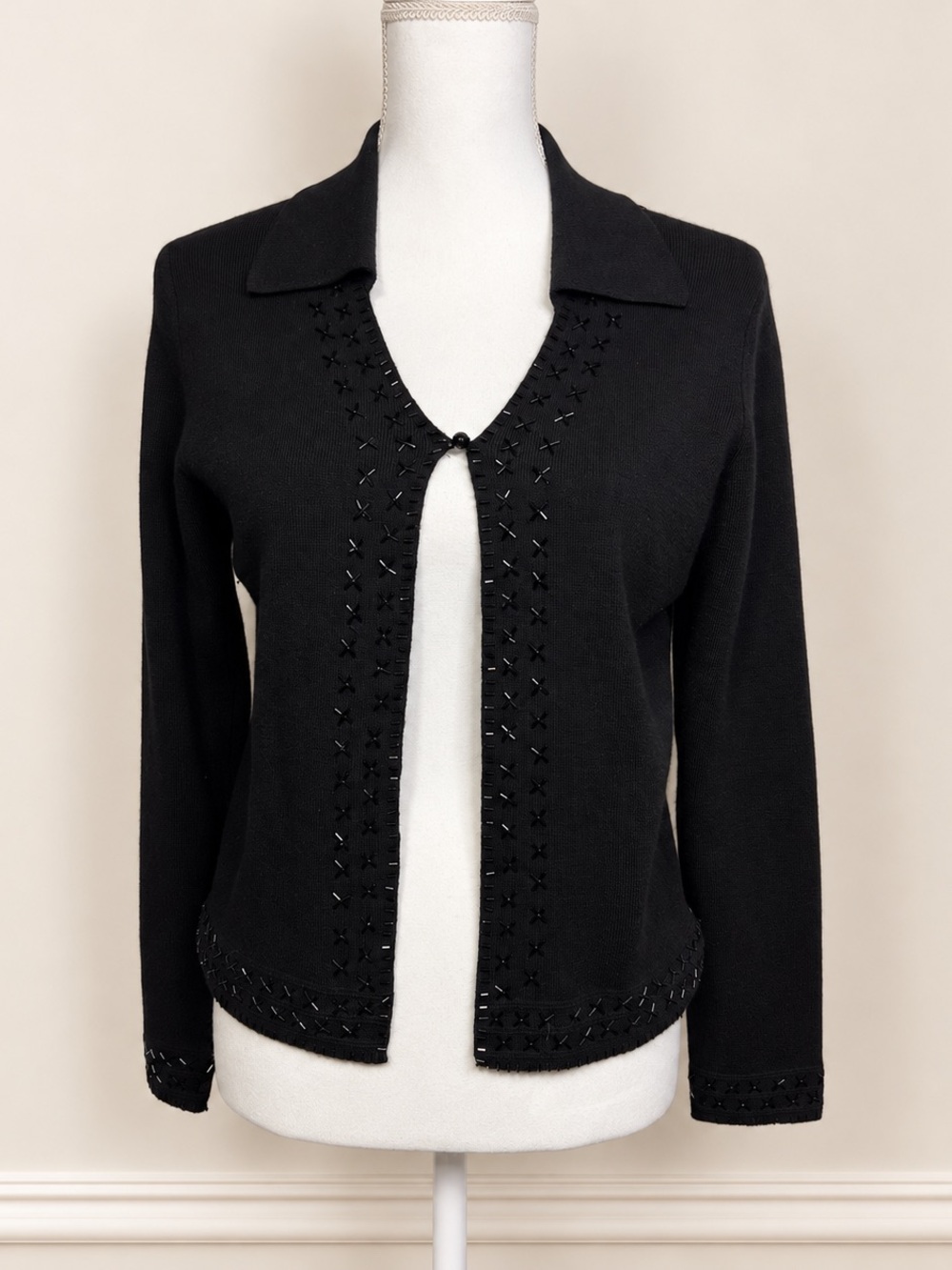 Valerie Stevens 100% Merino Wool Beaded Evening Cardigan Black Vintage 90s Knit